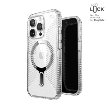 Speck Presidio Perfect-Clear Grip ClickLock & MagSafe - Coque pour iPhone 15 Pro (Transparent / Finition Chrome / Argent Serein)