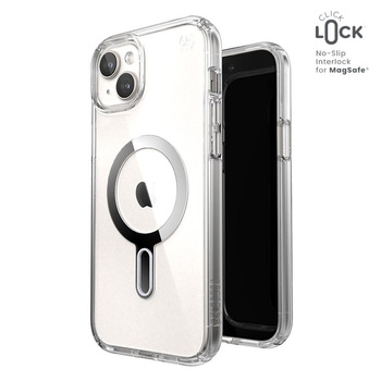 Speck Presidio Perfect-Clear ClickLock & Magsafe - Coque iPhone 15 Plus / iPhone 14 Plus (Clair / Finition Chrome / Argent Serein)
