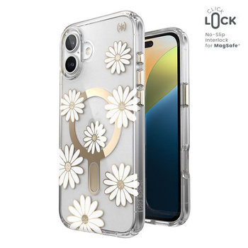 Speck Presidio Lux ClickLock & MagSafe - Case for iPhone 16 Plus (Sunshine Daisies / Clear / Gold)