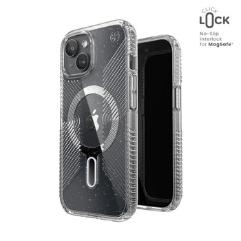 Speck Presidio Lux Grip ClickLock & Magsafe - Tasche für iPhone 16e / iPhone 15 / iPhone 14 / iPhone 13 (Clear / Platinum Glitter / Chrome Finish / Serene Silve