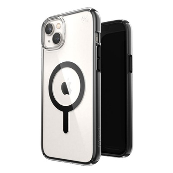 Speck Presidio Perfect-Clear avec Impact Geometry + MagSafe - Coque pour iPhone 15 Plus / 14 Plus avec revêtement MICROBAN (transparent / noir)