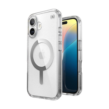 Speck Presidio Perfect-Clear MagSafe - iPhone 16 Case (Clair / Finition Chrome / Argent Serein)